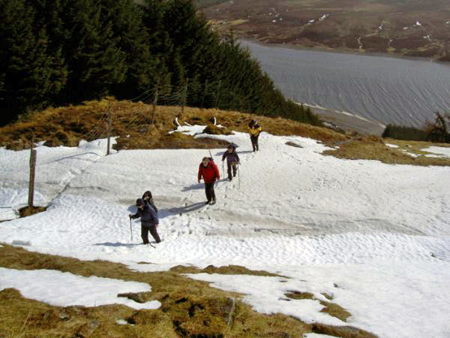 The steep climb from the shore of Loch Ericht onto the Fara. Clare, Hugh, Angie and Alan.